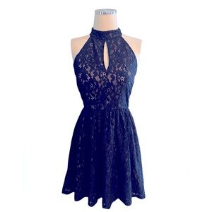 J.O.A. Navy & Cream  Lace Halter Cutout Mini Dress Sz S